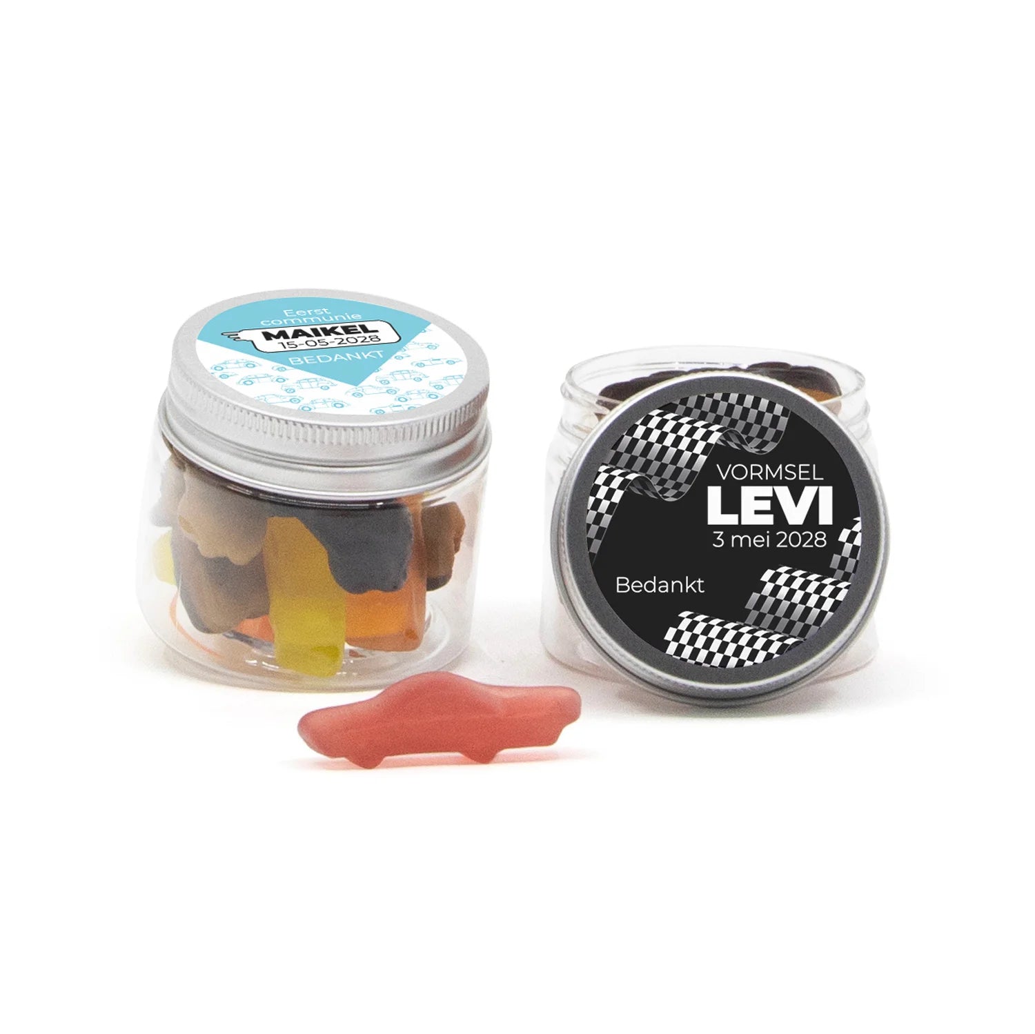 Potje autodrop met eigen etiket - Communie jongens - Bedankjes.nl