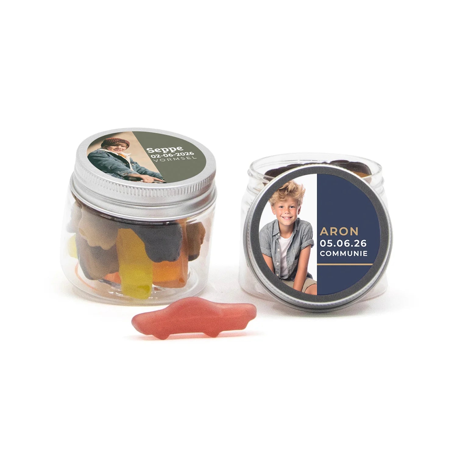 Potje autodrop met eigen etiket - Communie jongens - Bedankjes.nl