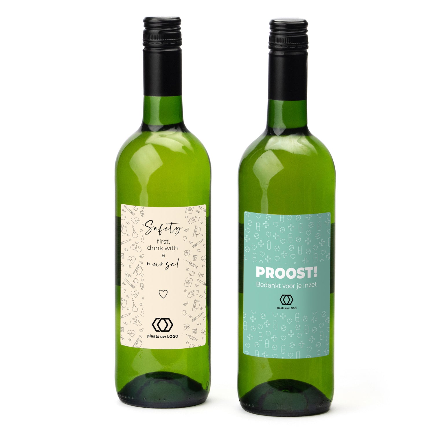 Fles Witte wijn met eigen etiket - Verpleging - Bedankjes.nl