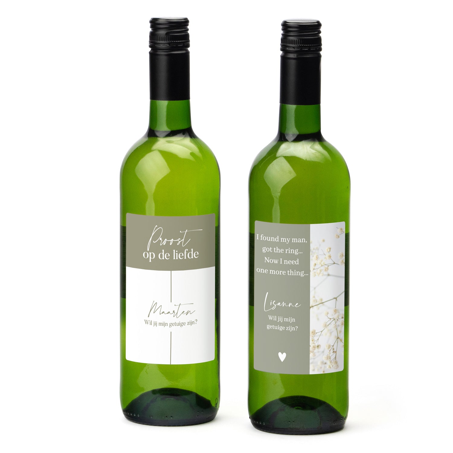 Fles Witte wijn met eigen etiket voor je getuige - Trouwen - Bedankjes.nl