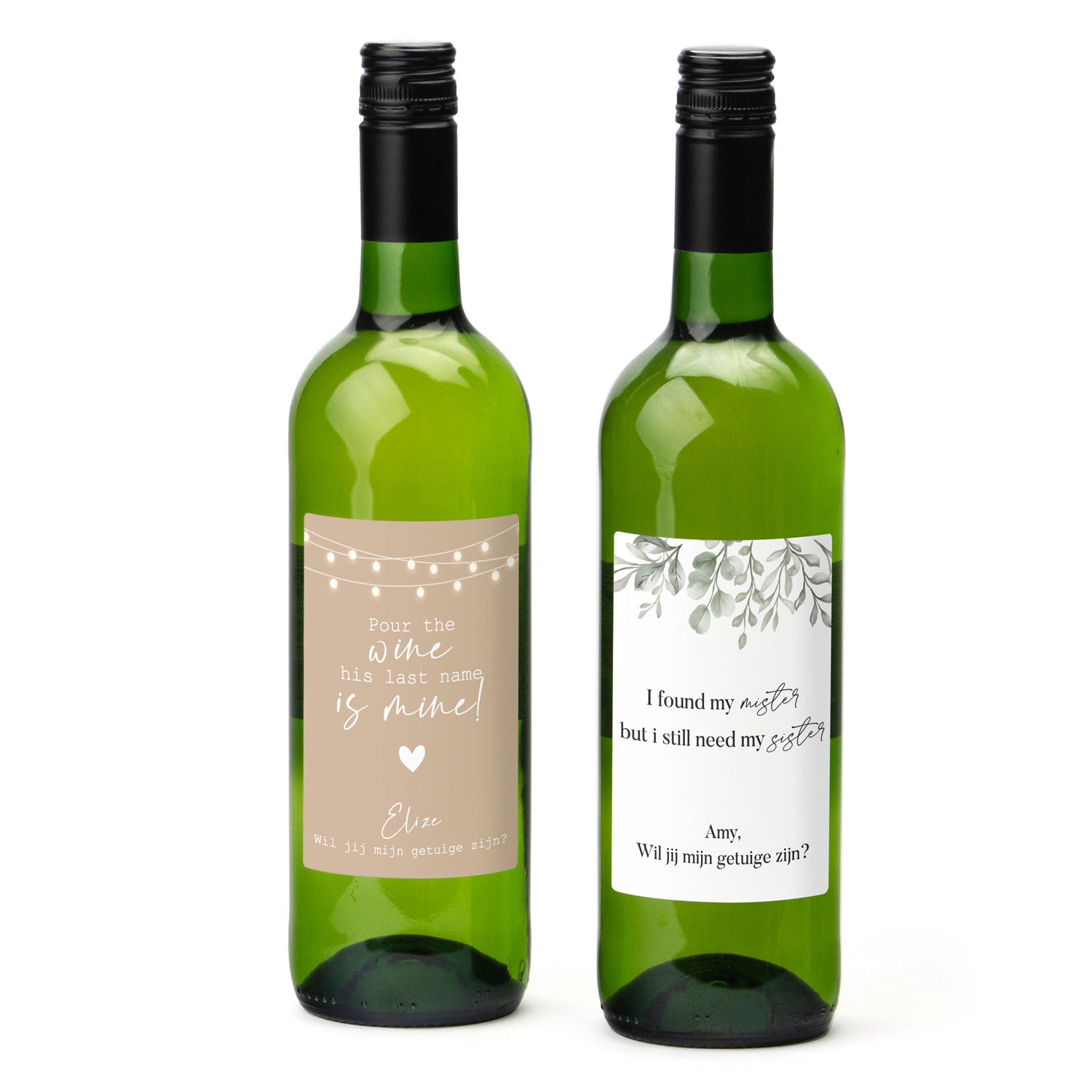 Fles Witte wijn met eigen etiket voor je getuige - Trouwen - Bedankjes.nl