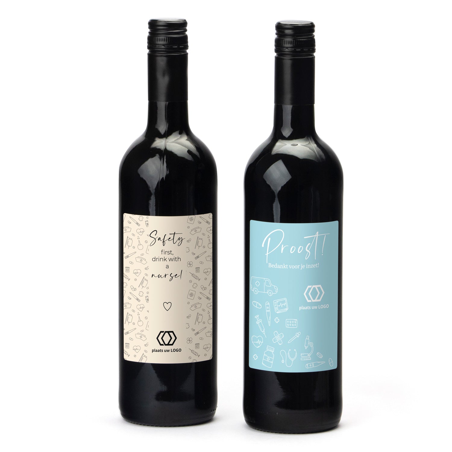 Fles Rode wijn met eigen logo op etiket - Verpleging - Bedankjes.nl