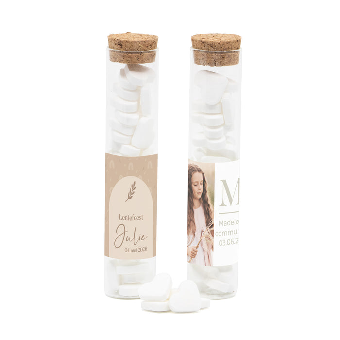 Glazen buisje met snoepjes - Communie meisjes Glazen buisje met snoepjes - Communie meisjes