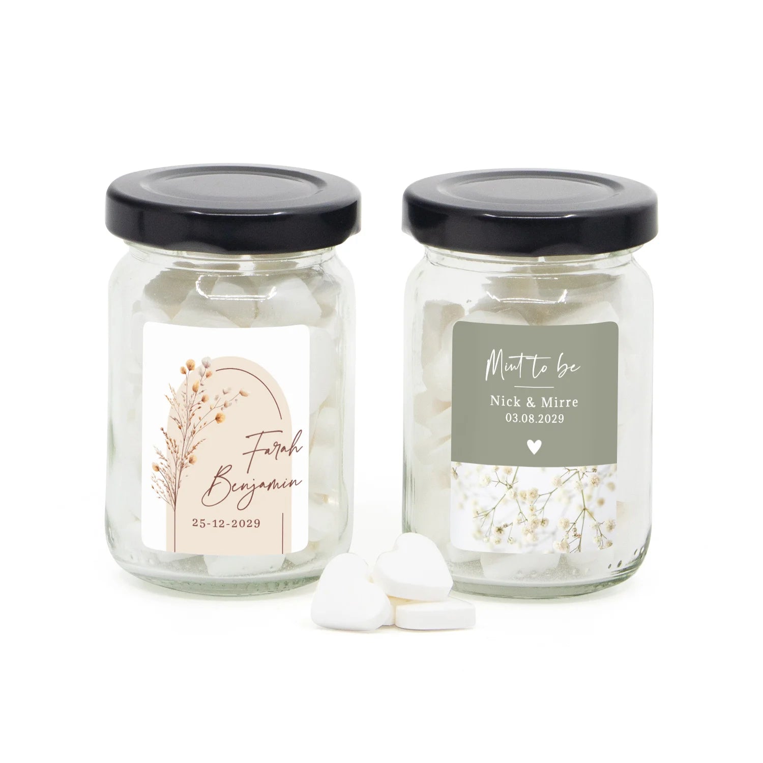 Glazen potje met snoepjes en eigen etiket - Trouwen - Bedankjes.nl