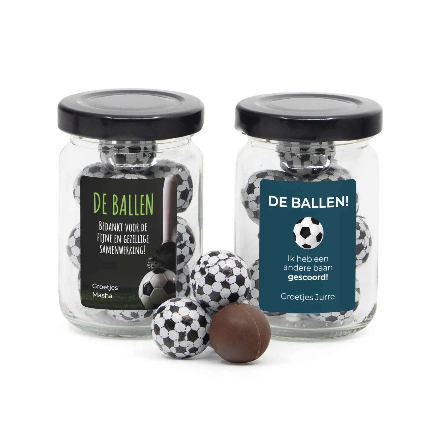 De ballen in glazen potje met eigen etiket - Afscheid collega - Bedankjes.nl