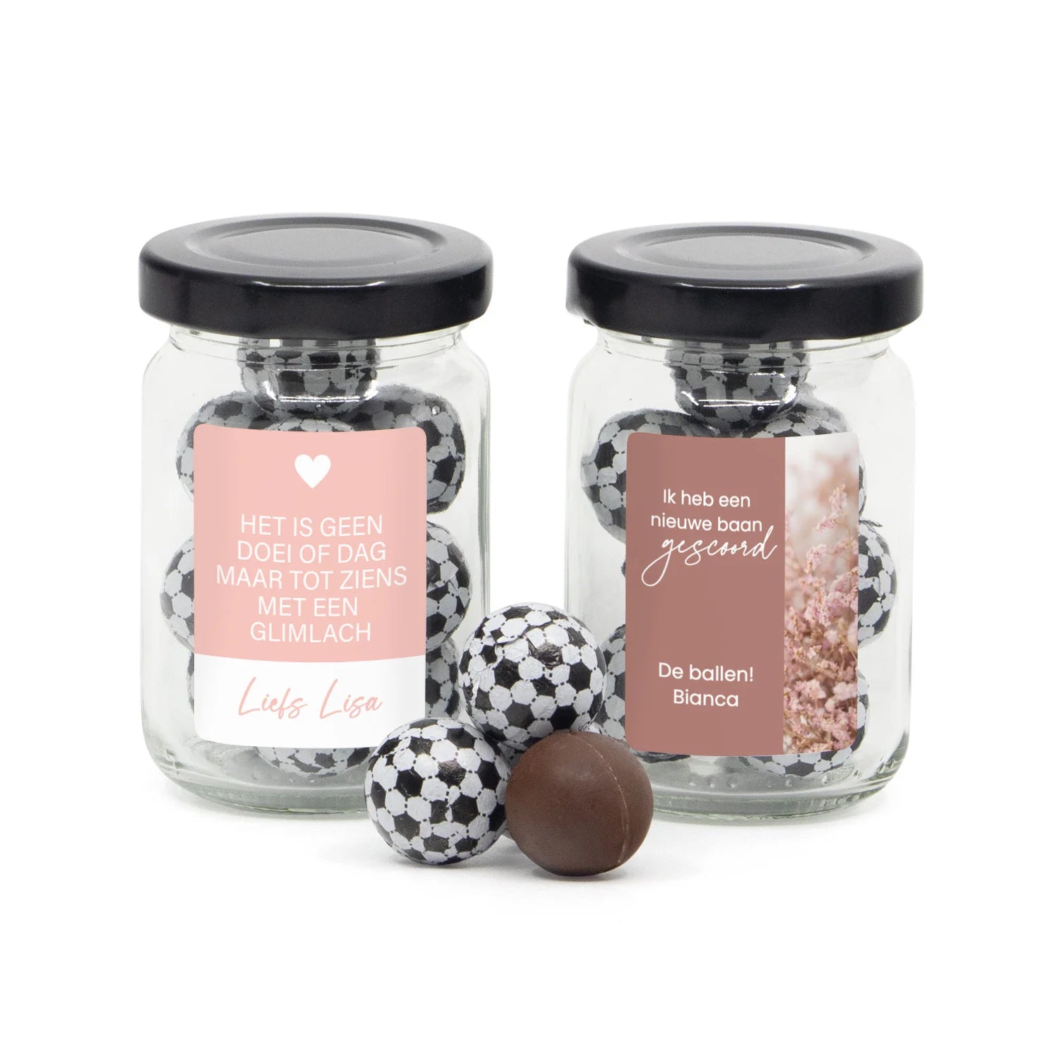 De ballen in glazen potje met eigen etiket - Afscheid collega - Bedankjes.nl
