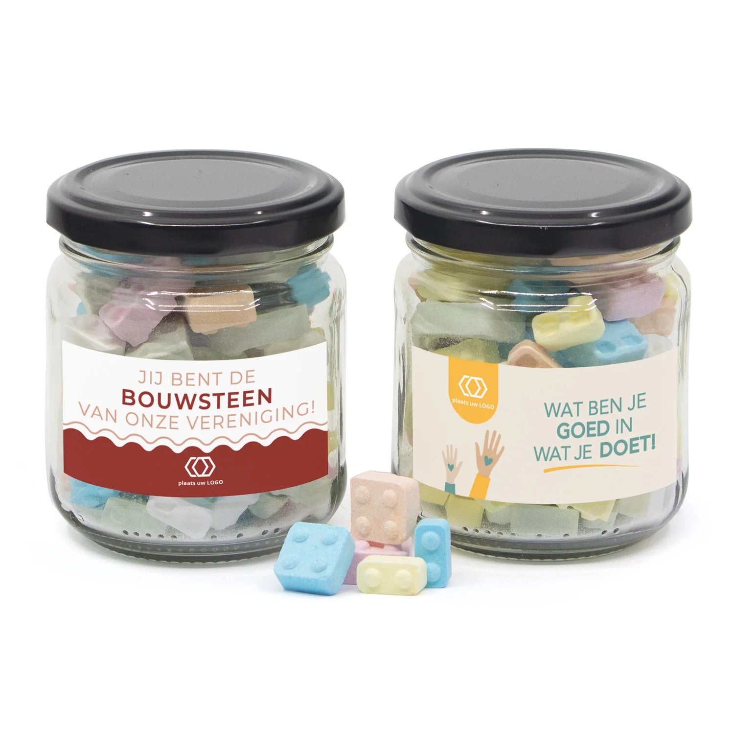 Glazen snoeppotje met bouwsteentjes - Vrijwilliger