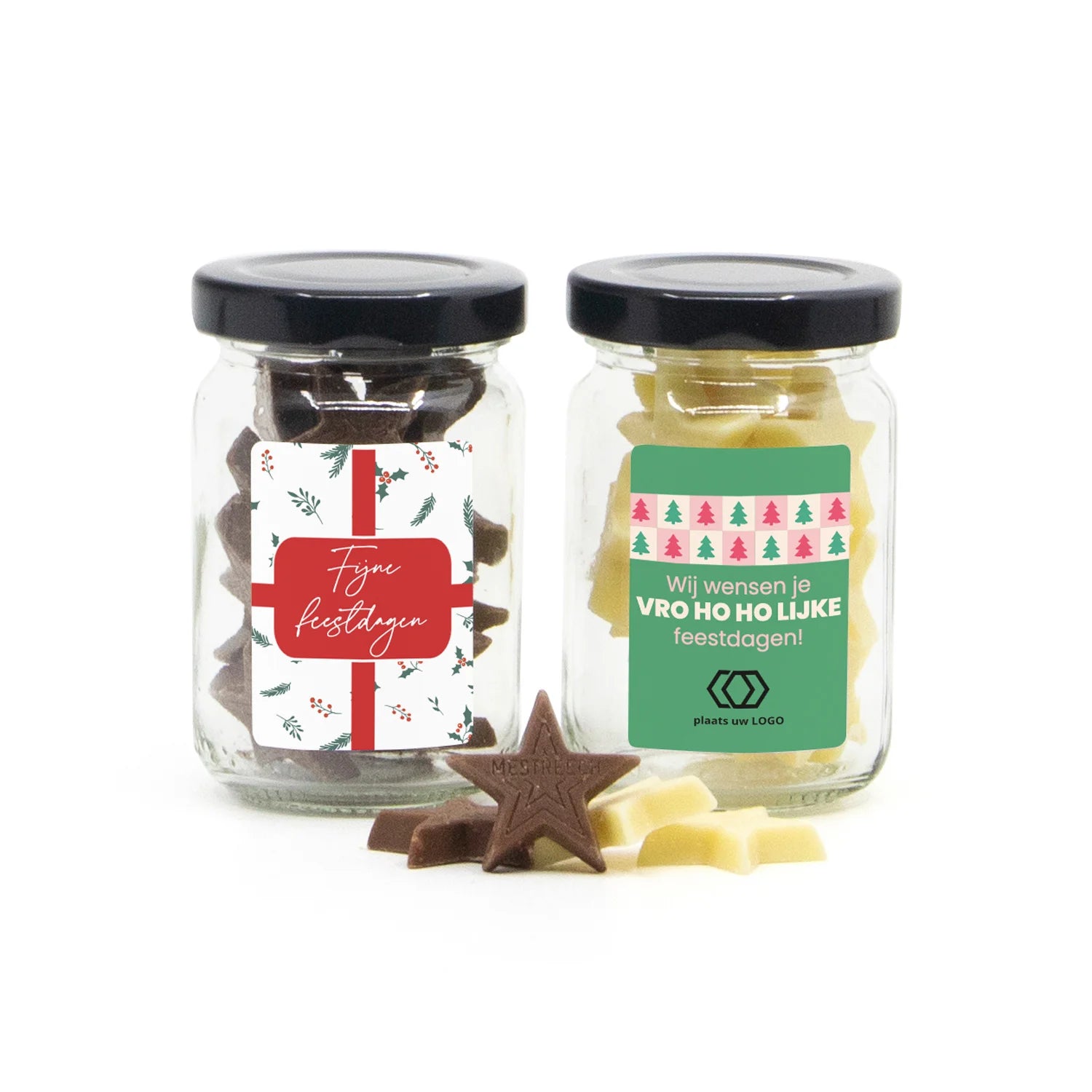 Glazen potje met chocolade sterren eigen etiket - Kerst - Bedankjes.nl