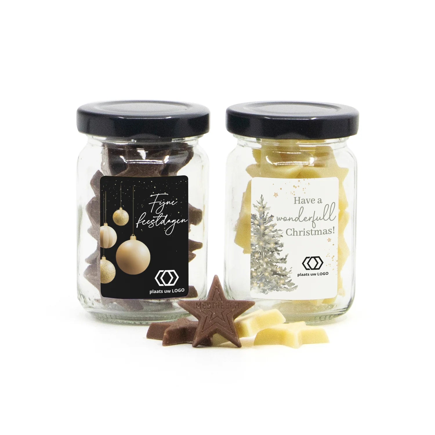 Glazen potje met chocolade sterren eigen etiket - Kerst - Bedankjes.nl