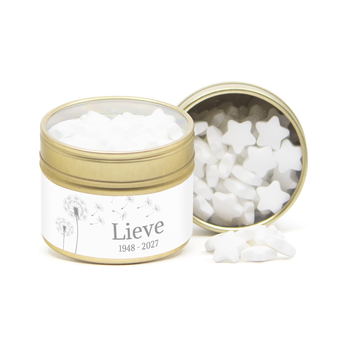 Vensterblikje Goud met eigen wikkel - Afscheid dierbare - Bedankjes.nl