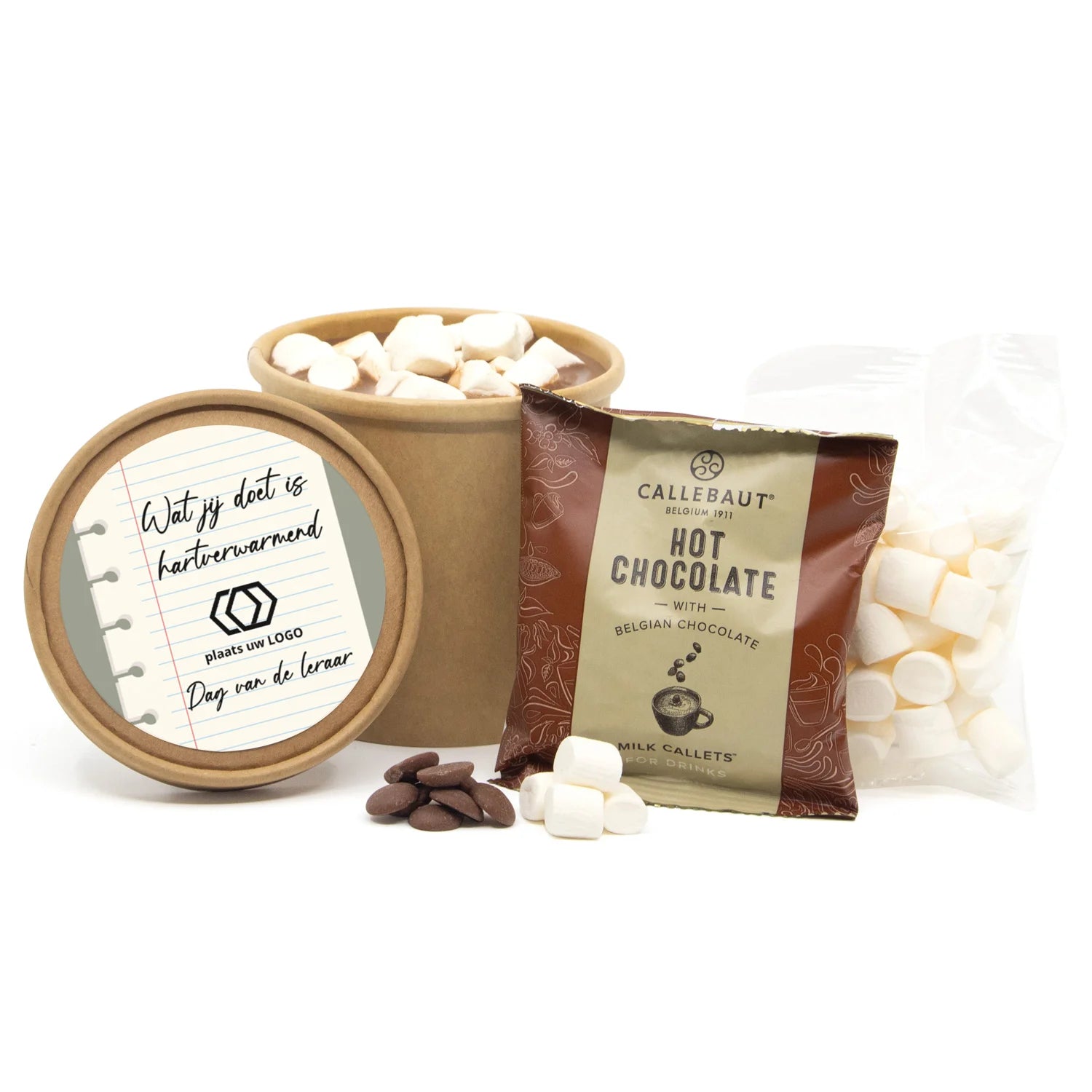 Hot Chocolate in kraftbeker met eigen etiket - Dag van de Leraar - Bedankjes.nl