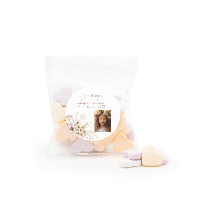 Zakje fruithartjes met eigen etiket - Communie Meisjes Zakje fruithartjes met eigen etiket - Communie Meisjes