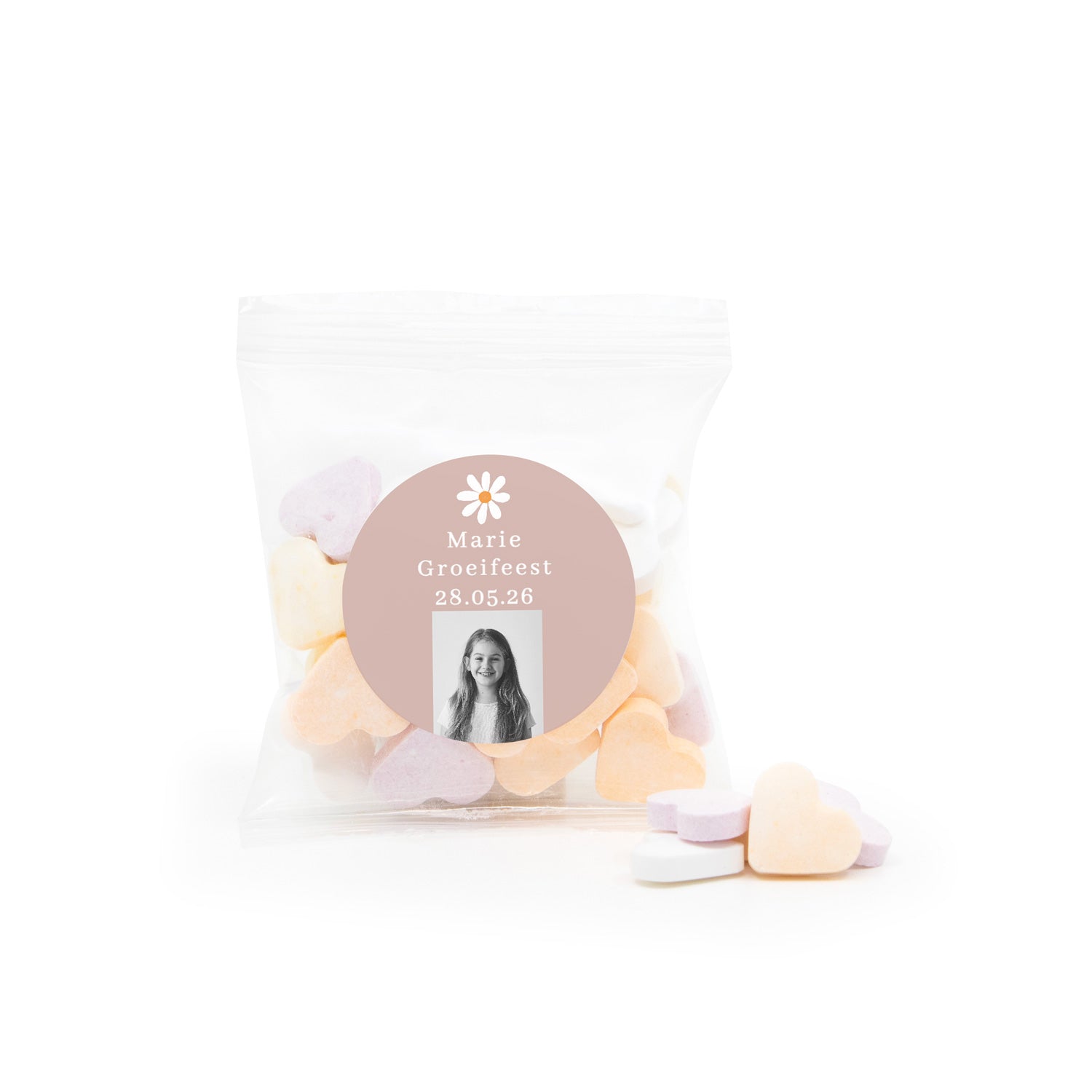Zakje fruithartjes met eigen etiket - Communie Meisjes - Bedankjes.nl