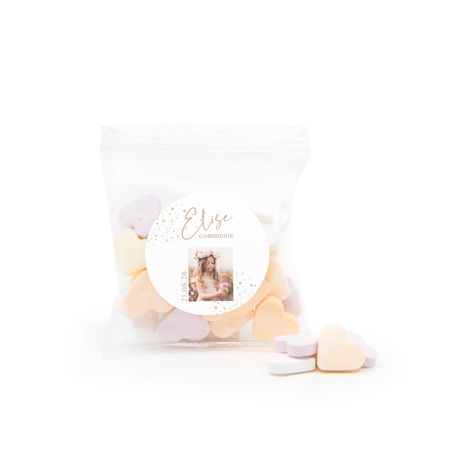 Zakje fruithartjes met eigen etiket - Communie Meisjes - Bedankjes.nl