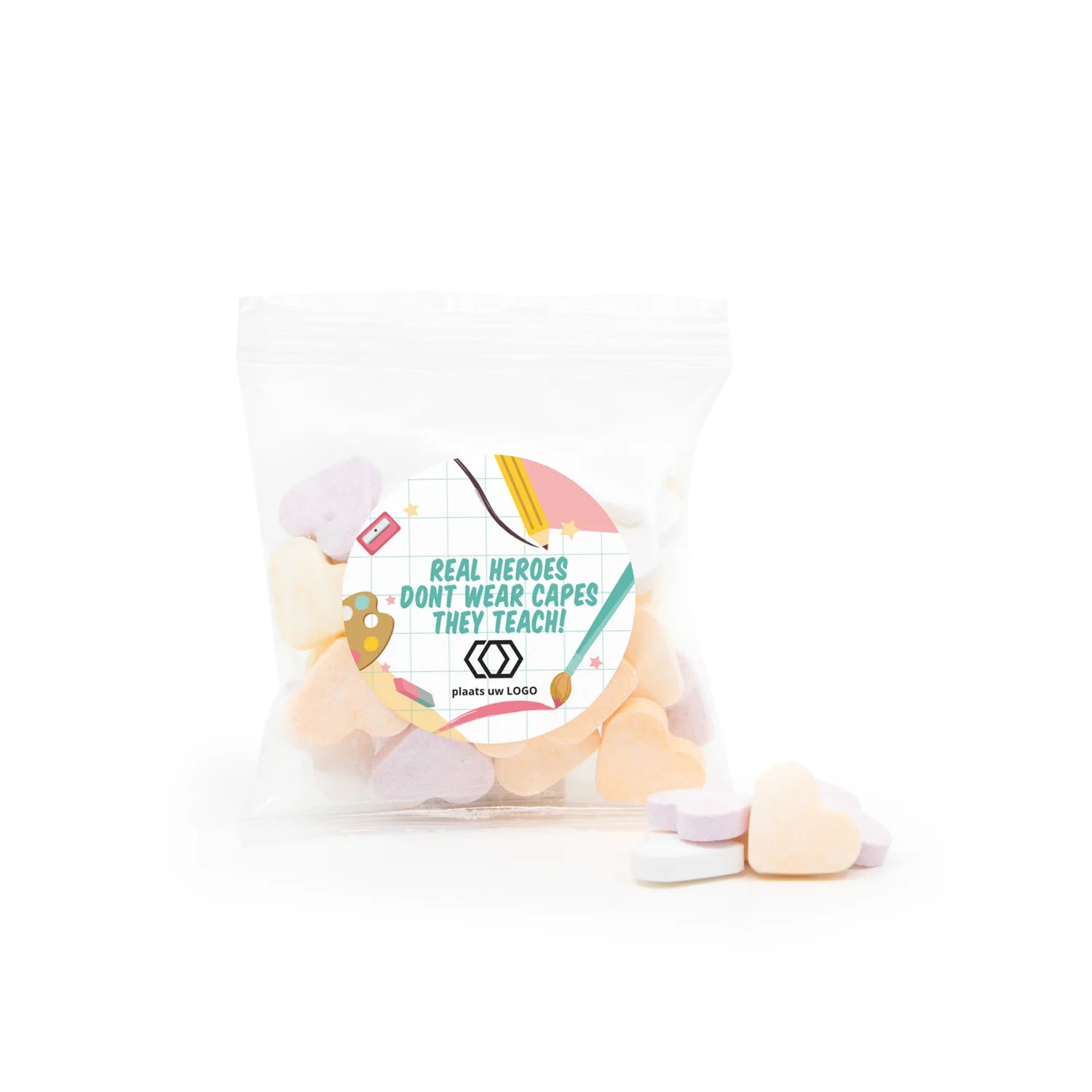 Zakje fruithartjes met eigen etiket - Leraar - Bedankjes.nl