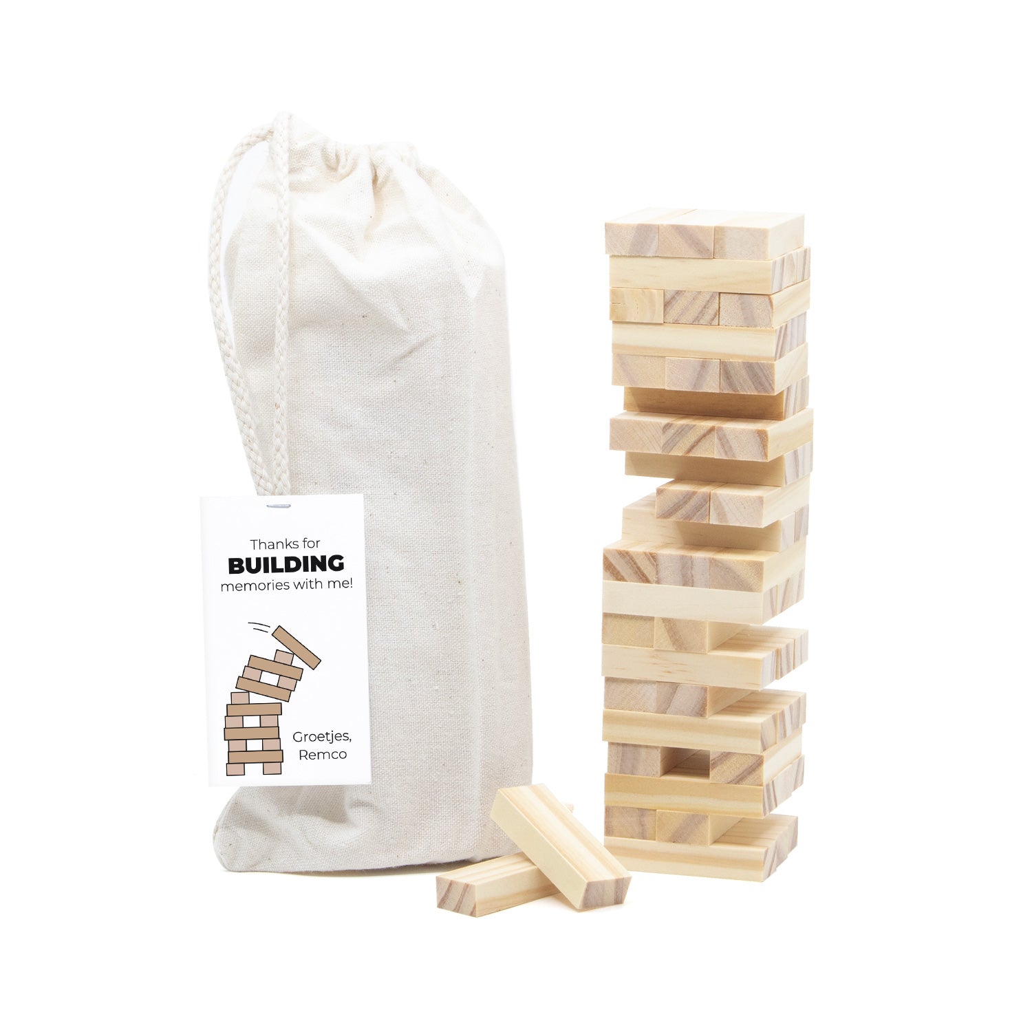 Jenga spel met eigen kaartje - Afscheid collega - Bedankjes.nl