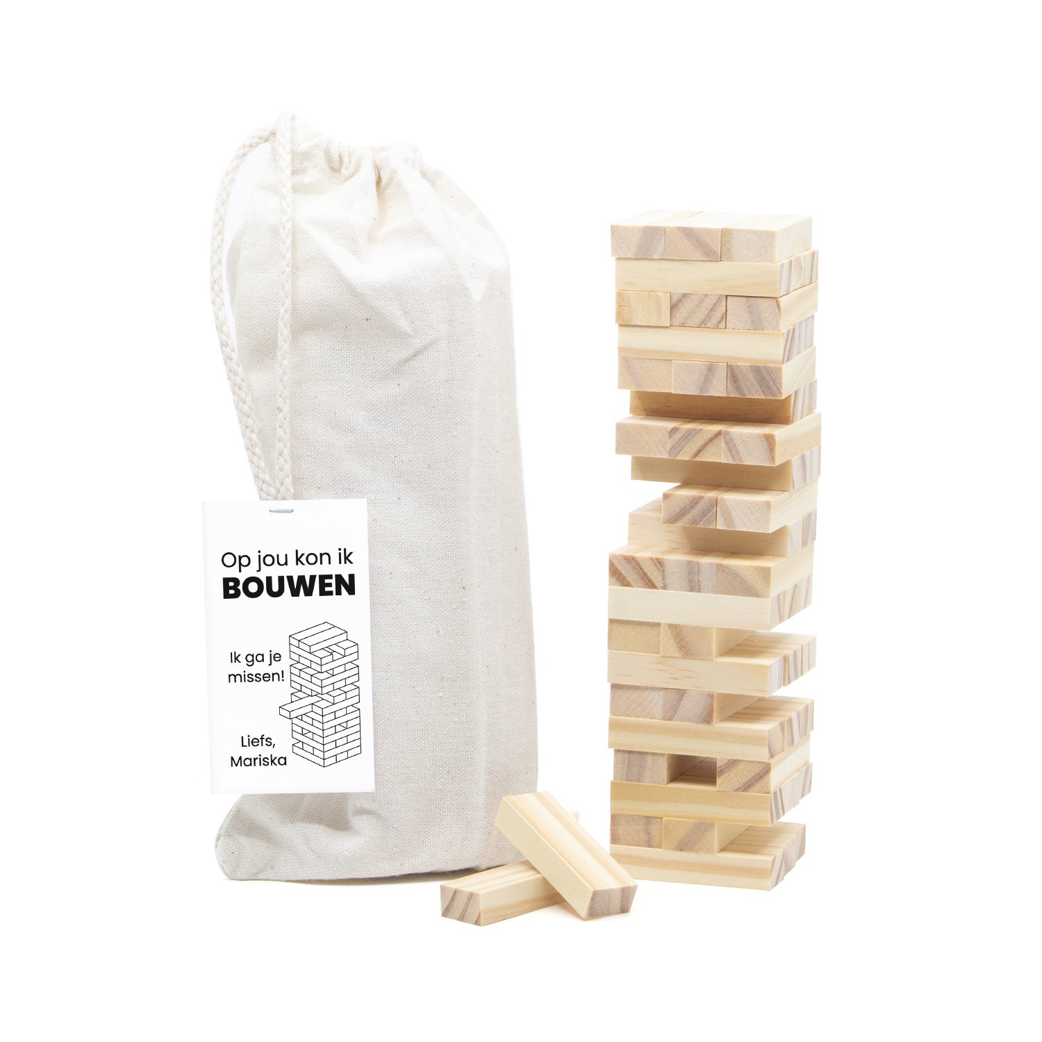 Jenga spel met eigen kaartje - Afscheid collega - Bedankjes.nl