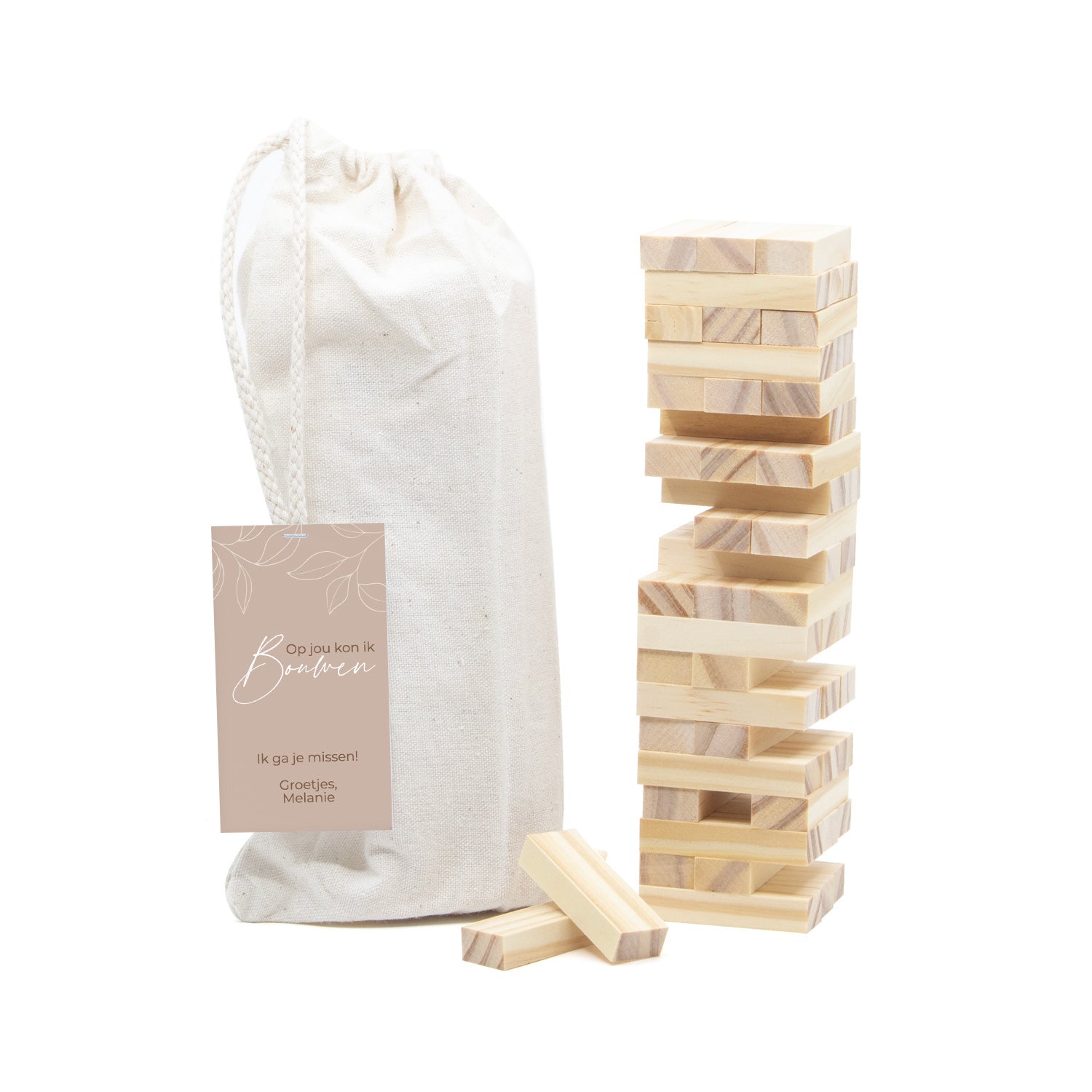 Jenga spel met eigen kaartje - Afscheid collega - Bedankjes.nl
