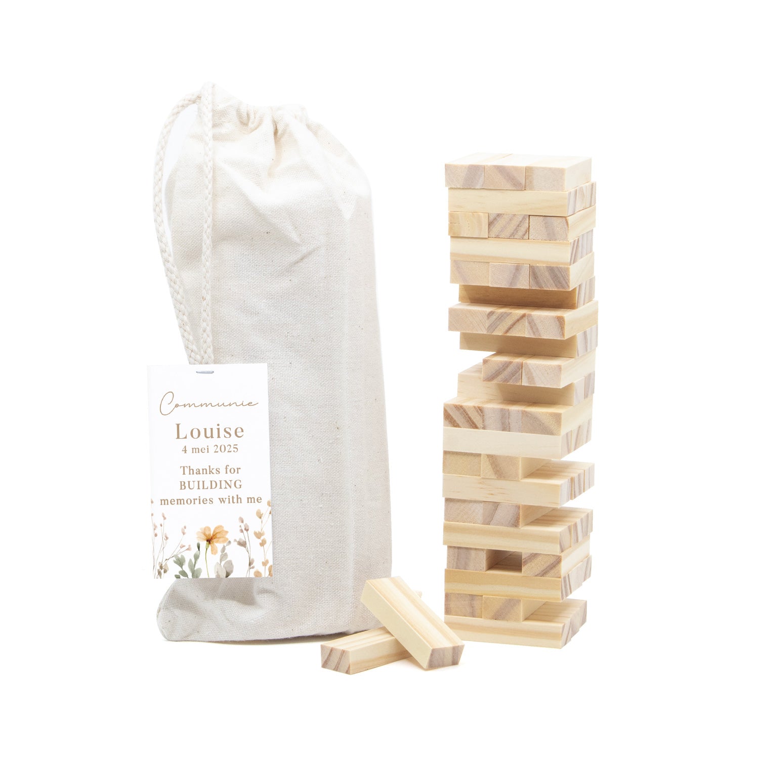 Jenga spel met persoonlijk kaartje - Communie meisjes - Bedankjes.nl