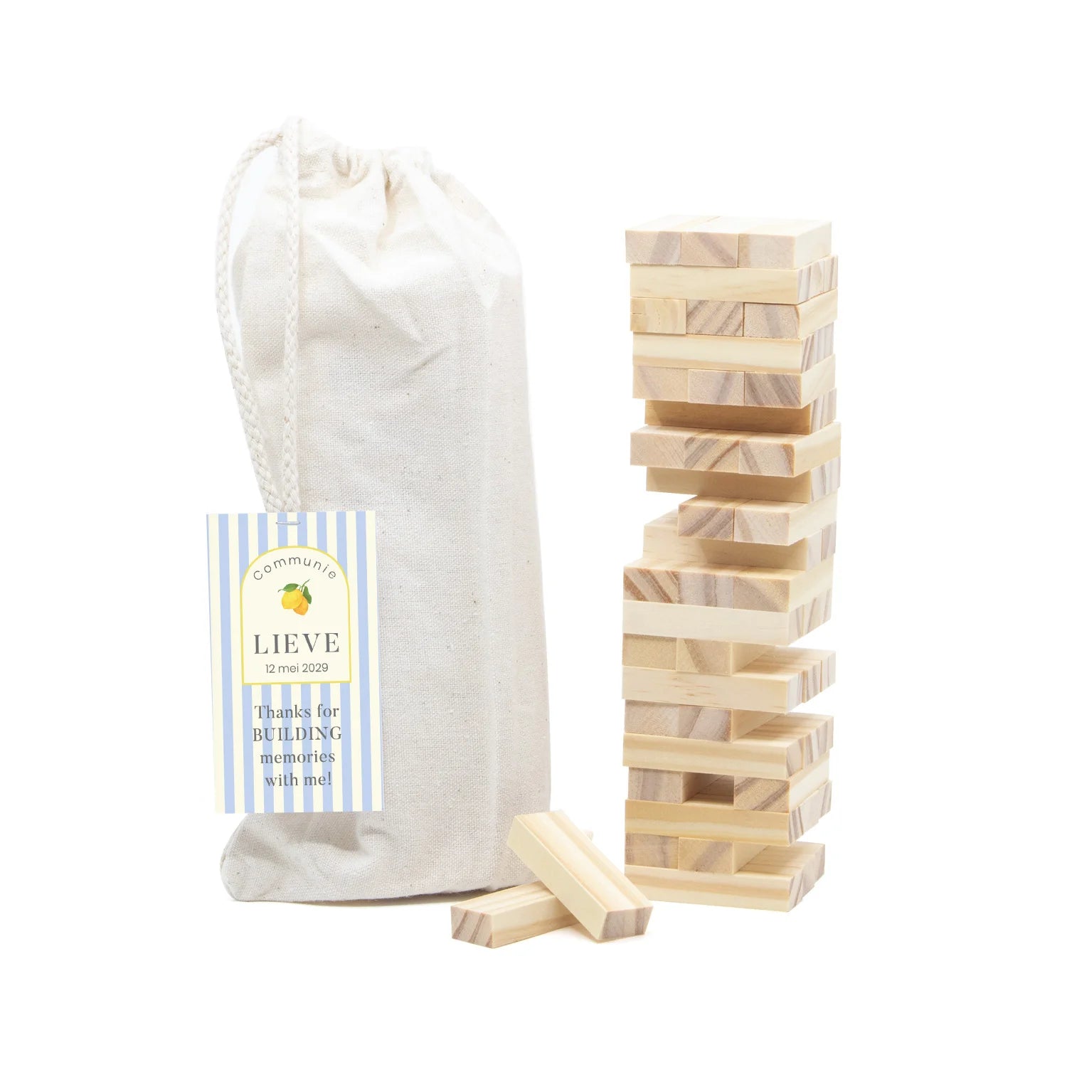Jenga spel met persoonlijk kaartje - Communie meisjes
