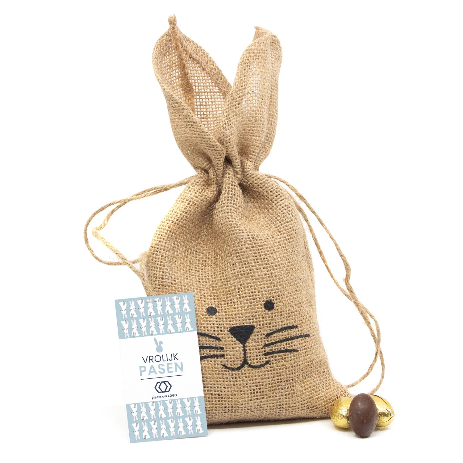 Jutezak met paaseitjes en eigen kaartje - Pasen - Bedankjes.nl