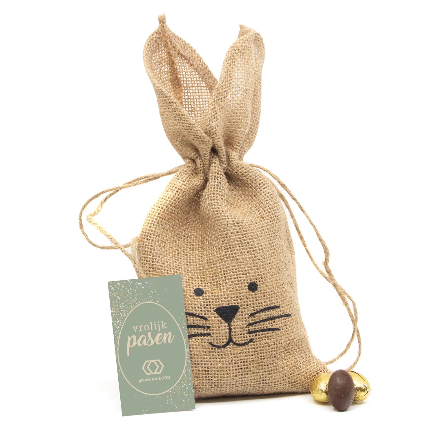 Jutezak met paaseitjes en eigen kaartje - Pasen - Bedankjes.nl