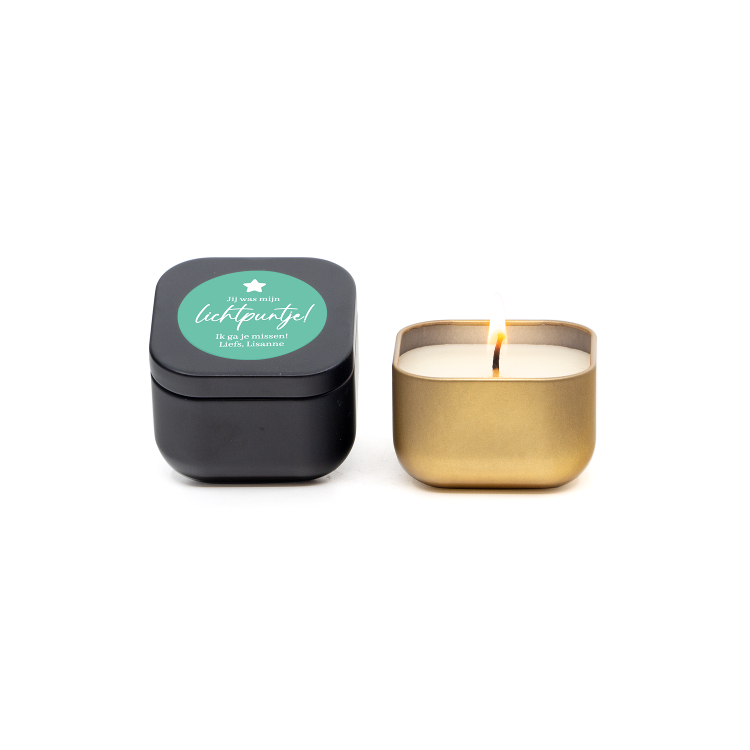 Kaarsje vierkant met eigen etiket - Afscheid collega - Bedankjes.nl