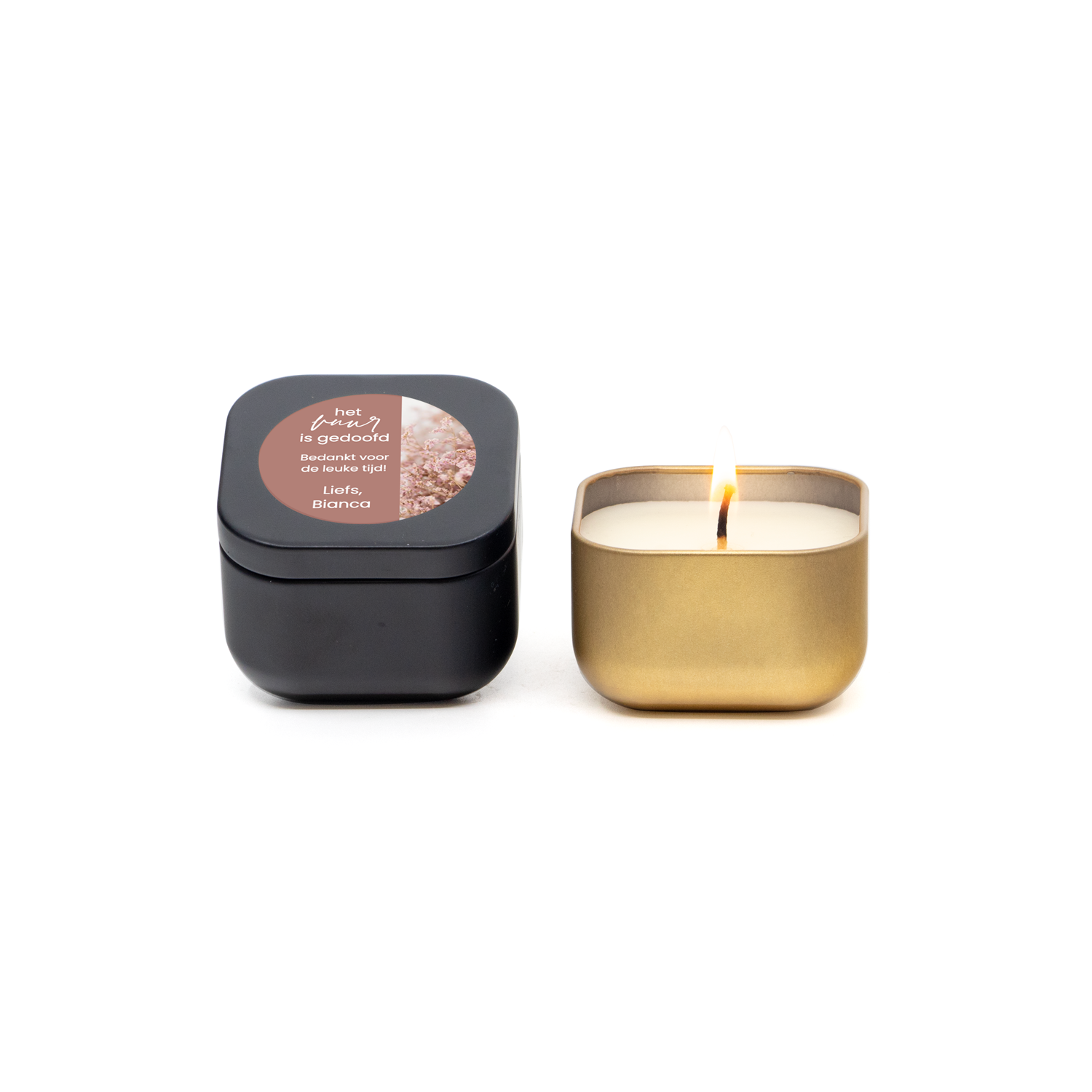 Kaarsje vierkant met eigen etiket - Afscheid collega - Bedankjes.nl