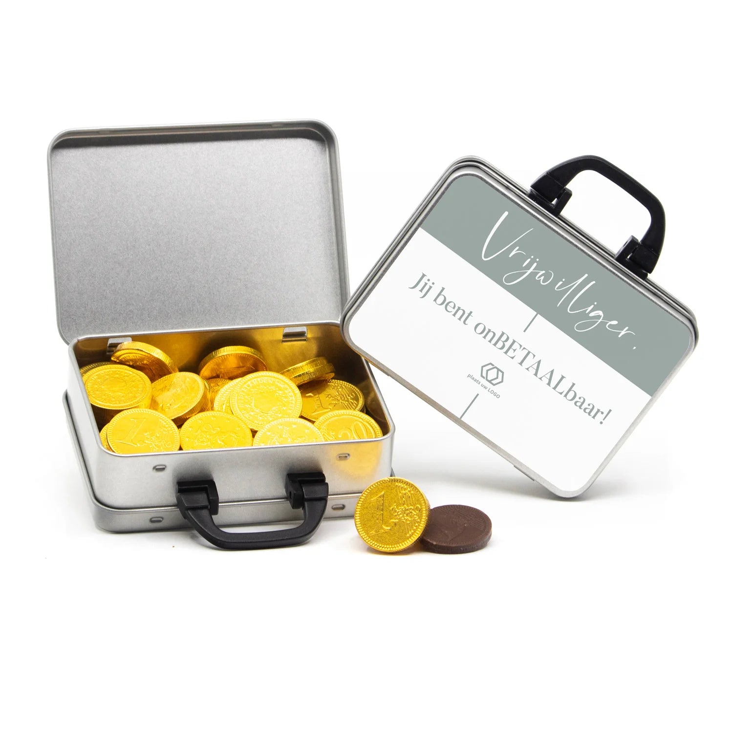 Koffertje van blik met chocolade munten - vrijwilliger
