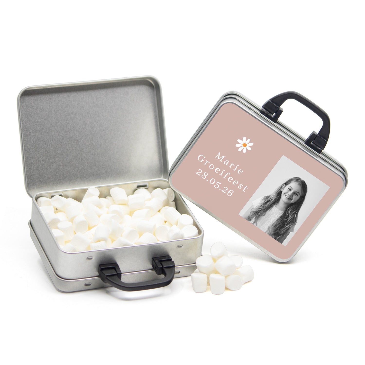 Koffertje zwart hengsel en eigen etiket - Communie meisjes - Bedankjes.nl