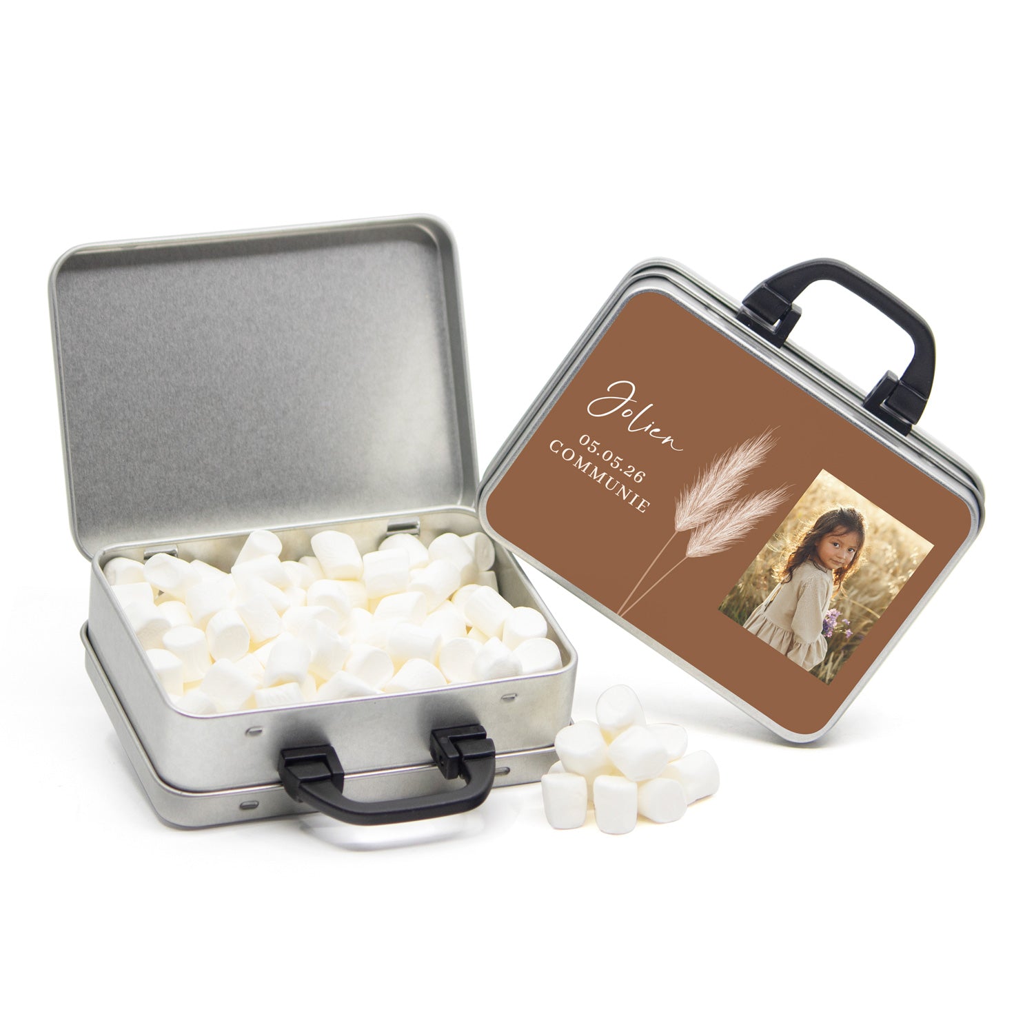 Koffertje zwart hengsel en eigen etiket - Communie meisjes - Bedankjes.nl