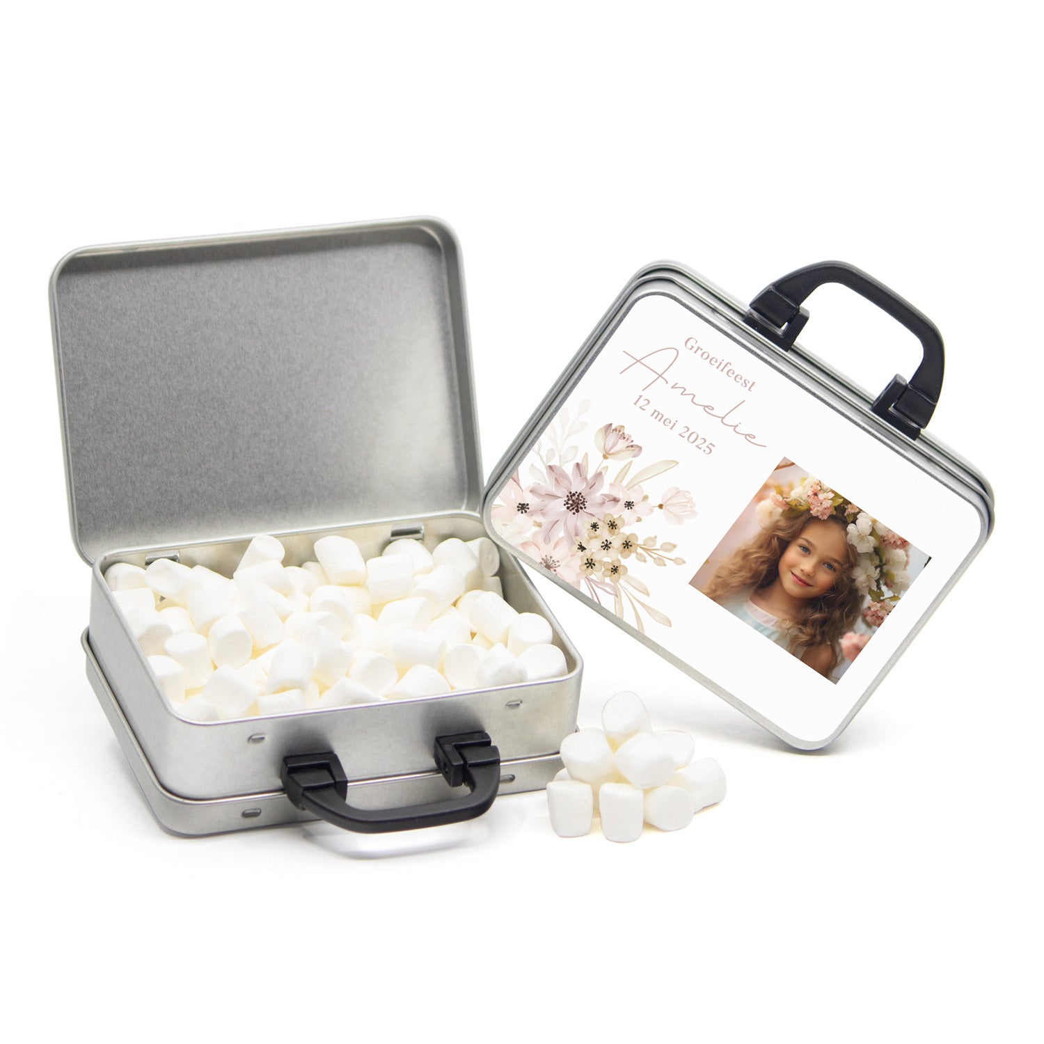 Koffertje zwart hengsel en eigen etiket - Communie meisjes - Bedankjes.nl