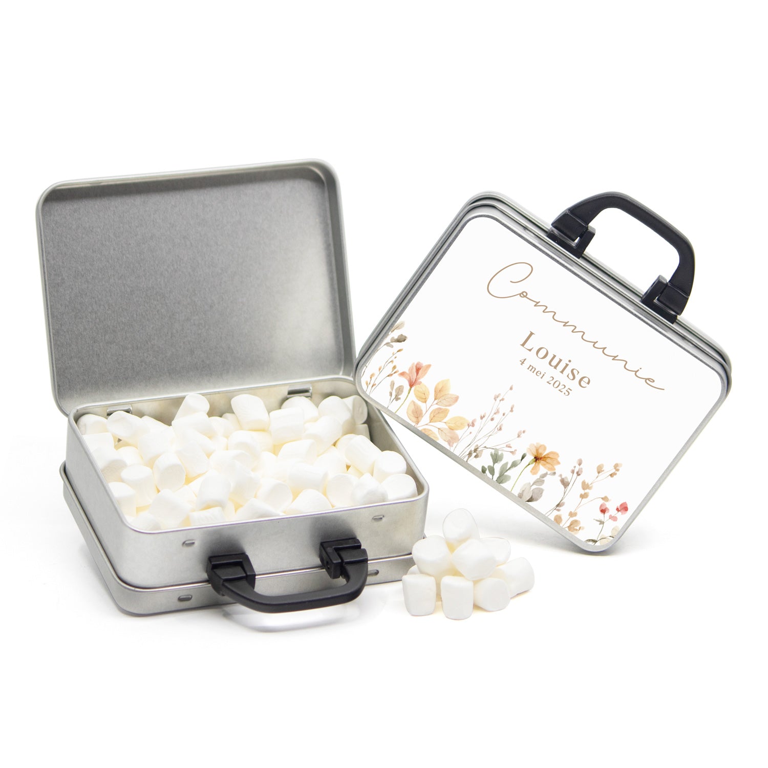 Koffertje zwart hengsel en eigen etiket - Communie meisjes - Bedankjes.nl