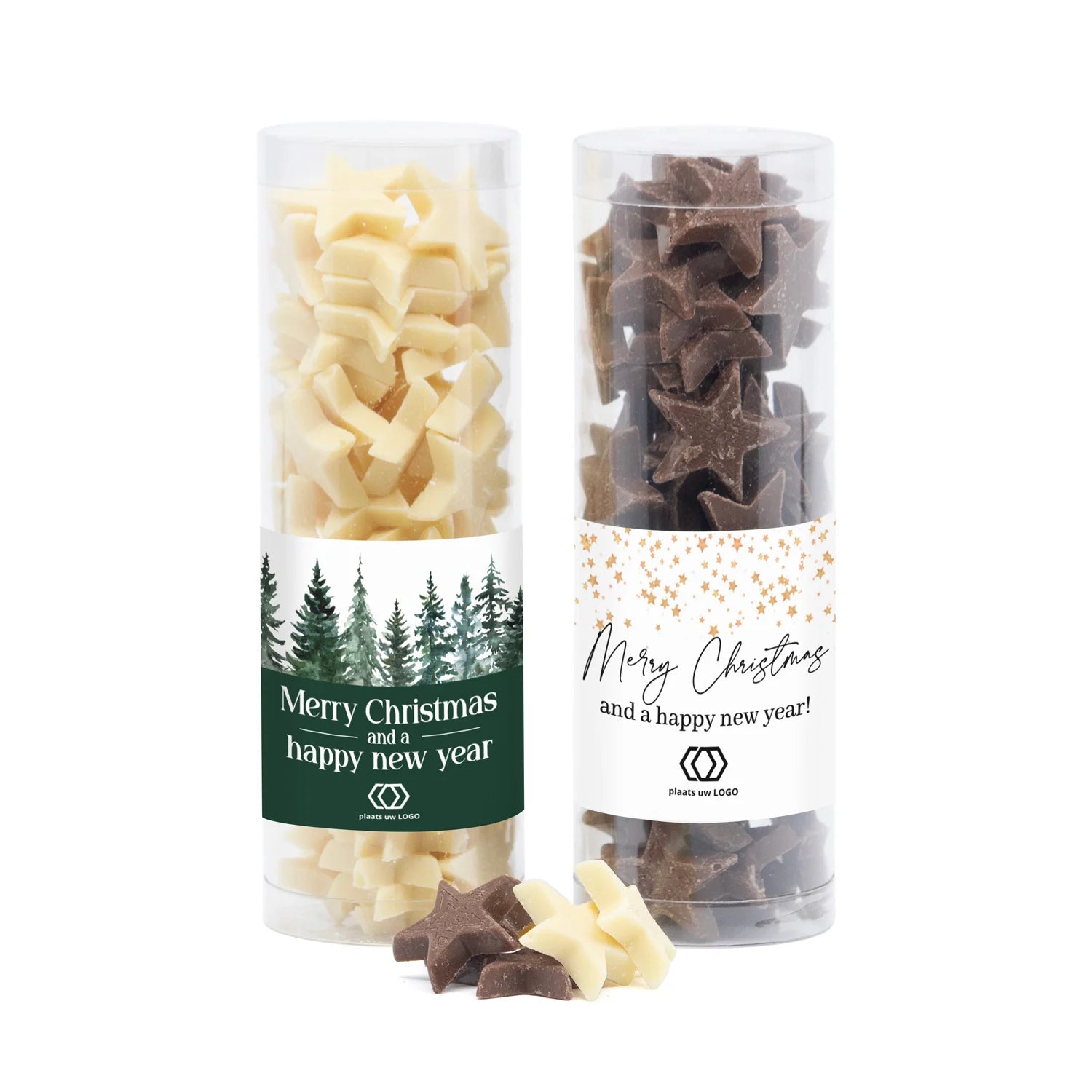 Koker met chocolade sterren en eigen etiket - Kerst - Bedankjes.nl