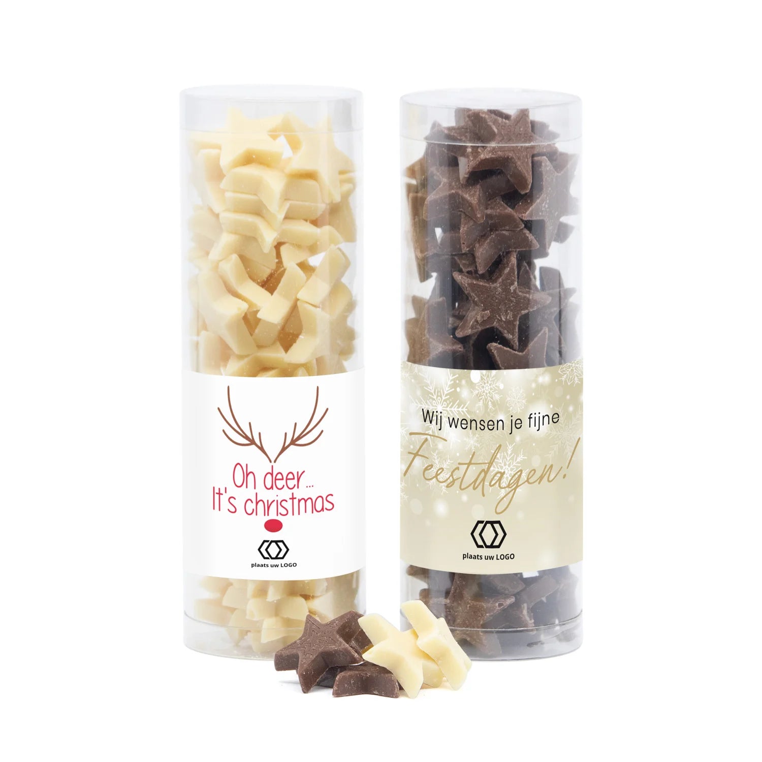 Koker met chocolade sterren en eigen etiket - Kerst - Bedankjes.nl