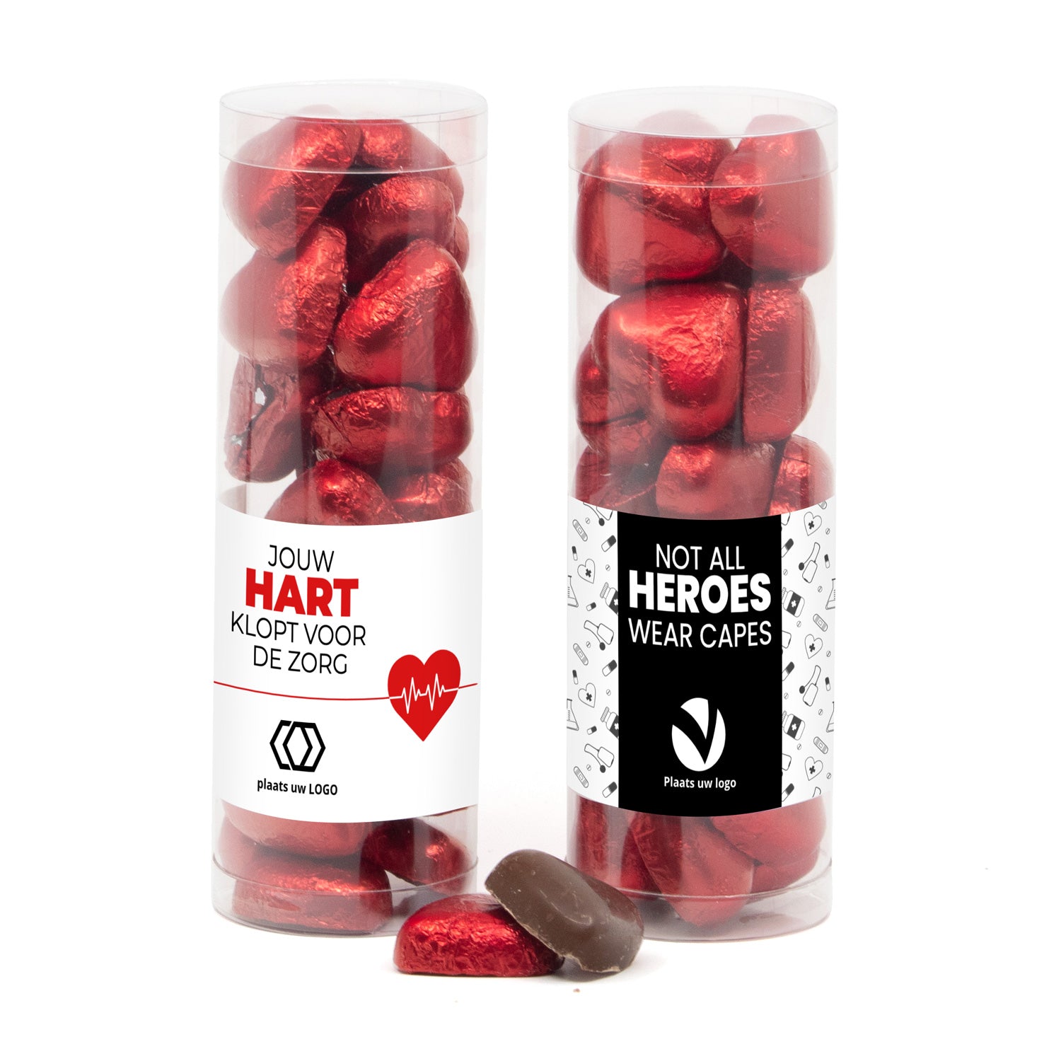 Koker met chocolade hartjes en eigen etiket - Verpleging - Bedankjes.nl