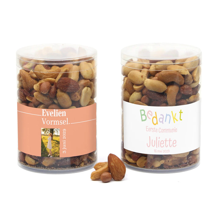 Koker met verse notenmix en eigen etiket - Communie meisje Koker met verse notenmix en eigen etiket - Communie meisje