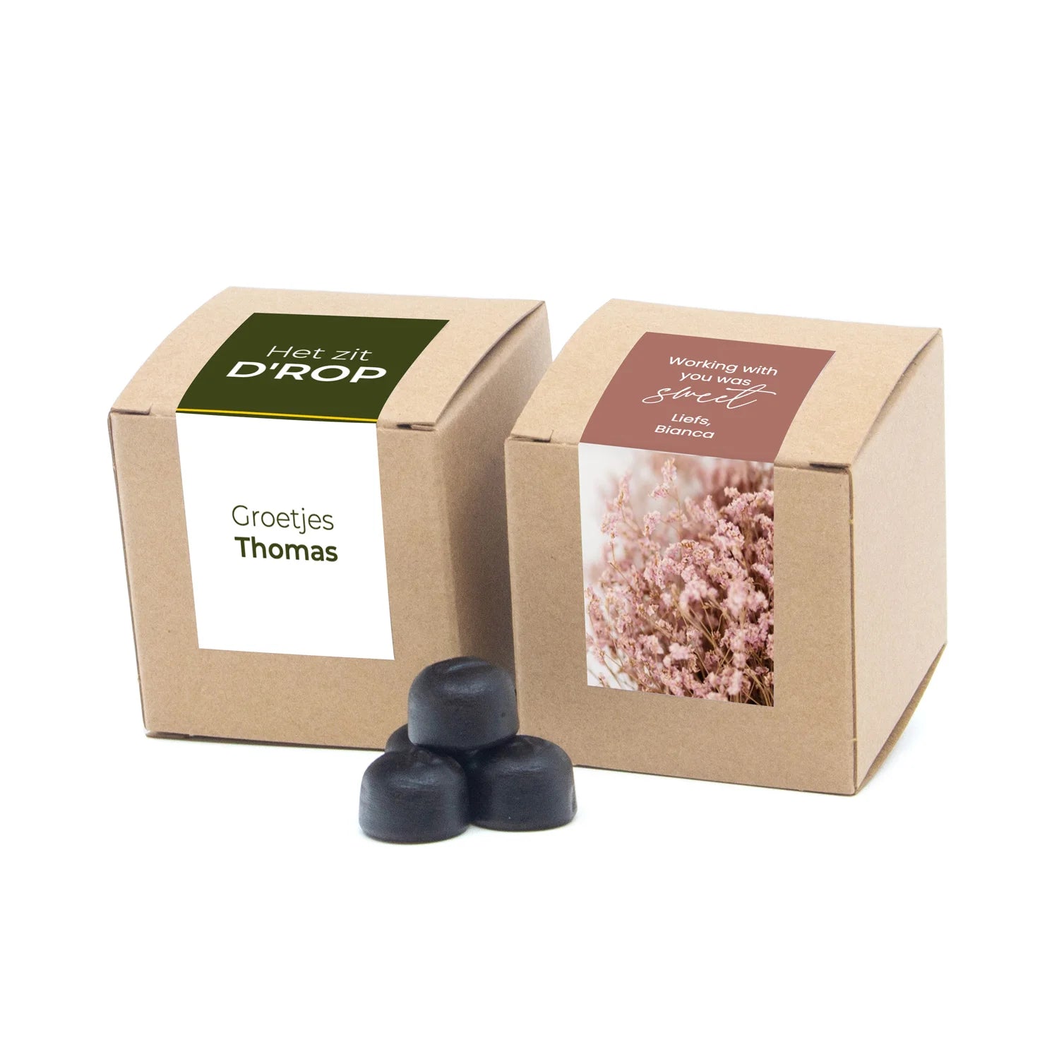 Kubusdoosje bio kraft met eigen etiket - Afscheid Collega's - Bedankjes.nl