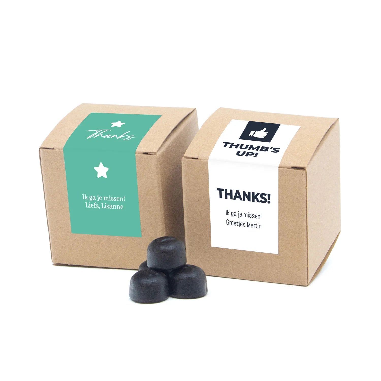 Kubusdoosje bio kraft met eigen etiket - Afscheid Collega's - Bedankjes.nl