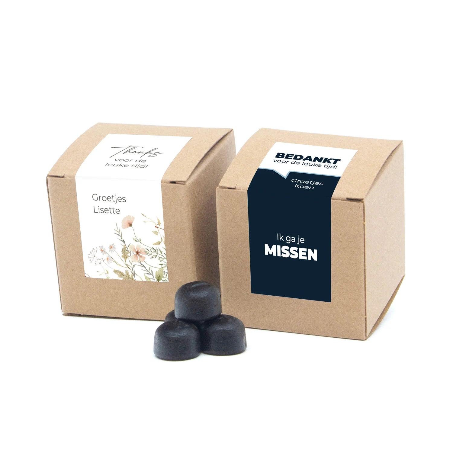 Kubusdoosje bio kraft met eigen etiket - Afscheid Collega's - Bedankjes.nl