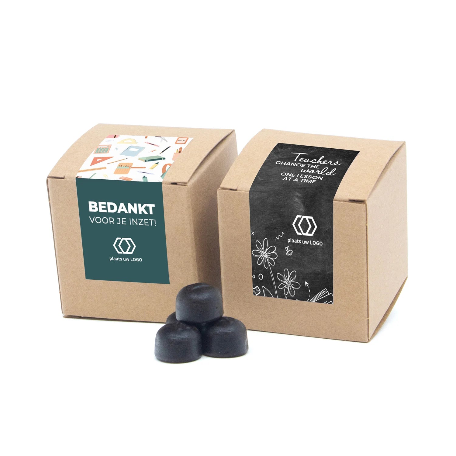 Kubusdoosje bio kraft met eigen etiket - Leraar - Bedankjes.nl