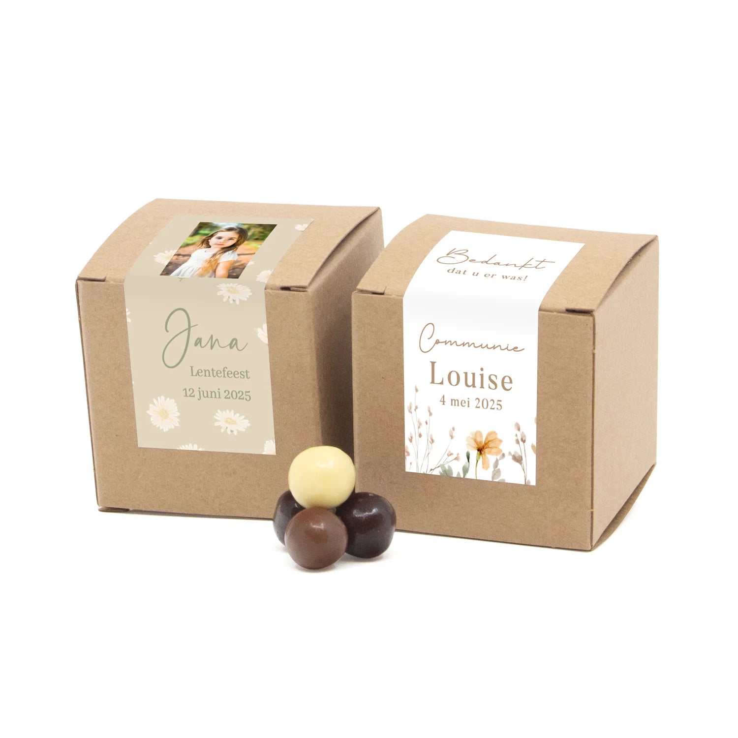 Kubusdoosje bio kraft met eigen etiket - Communie meisje - Bedankjes.nl