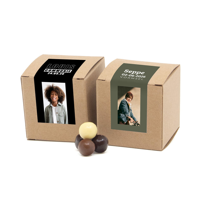 Kubusdoosje bio kraft met eigen etiket - Communie jongen Kubusdoosje bio kraft met eigen etiket - Communie jongen