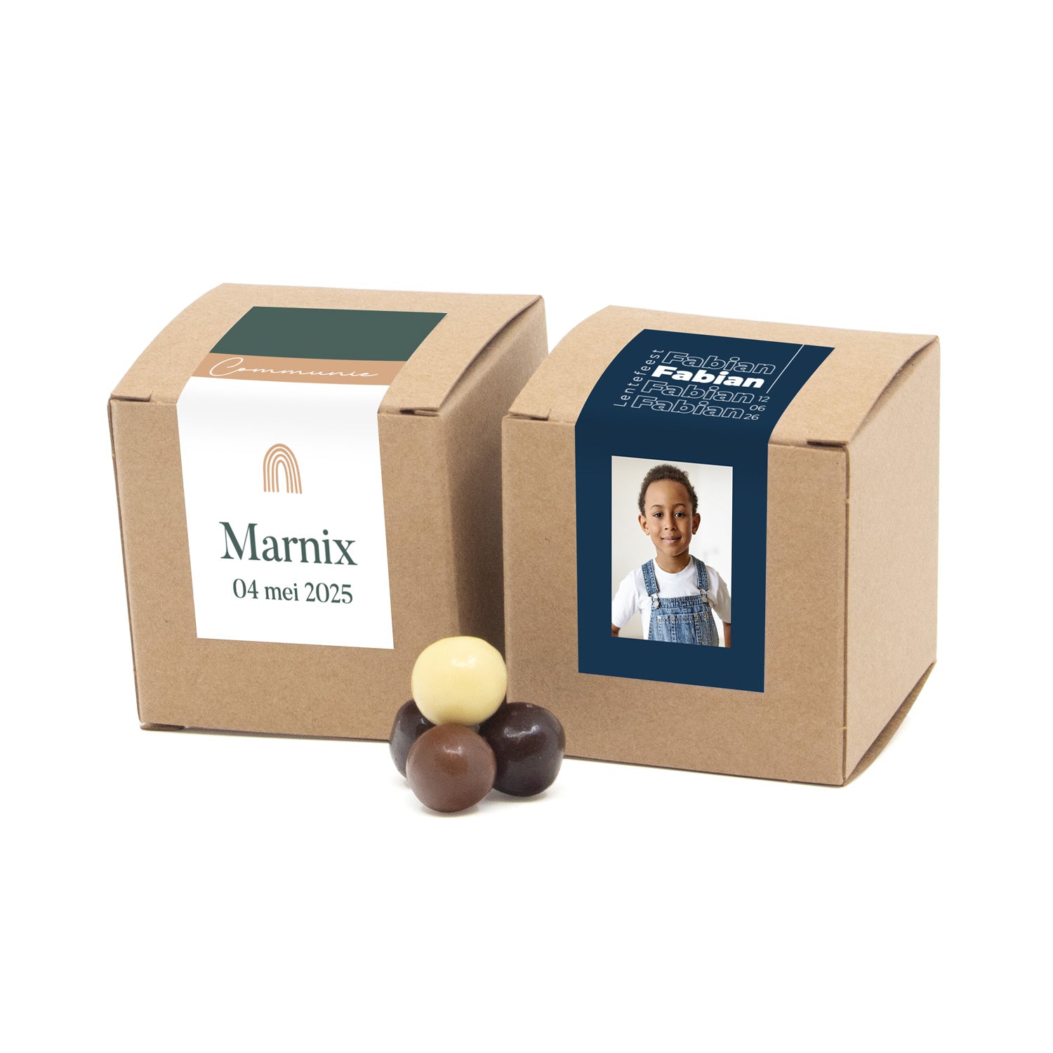 Kubusdoosje bio kraft met eigen etiket - Communie jongen - Bedankjes.nl