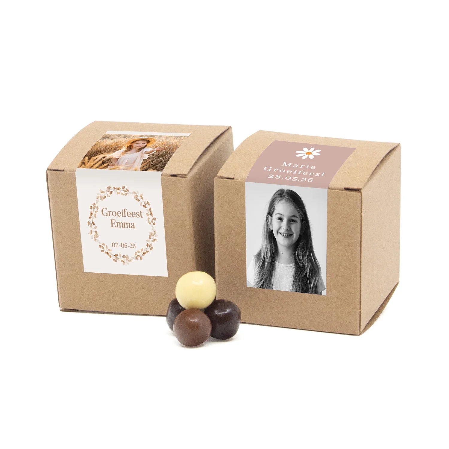 Kubusdoosje bio kraft met eigen etiket - Communie meisje - Bedankjes.nl