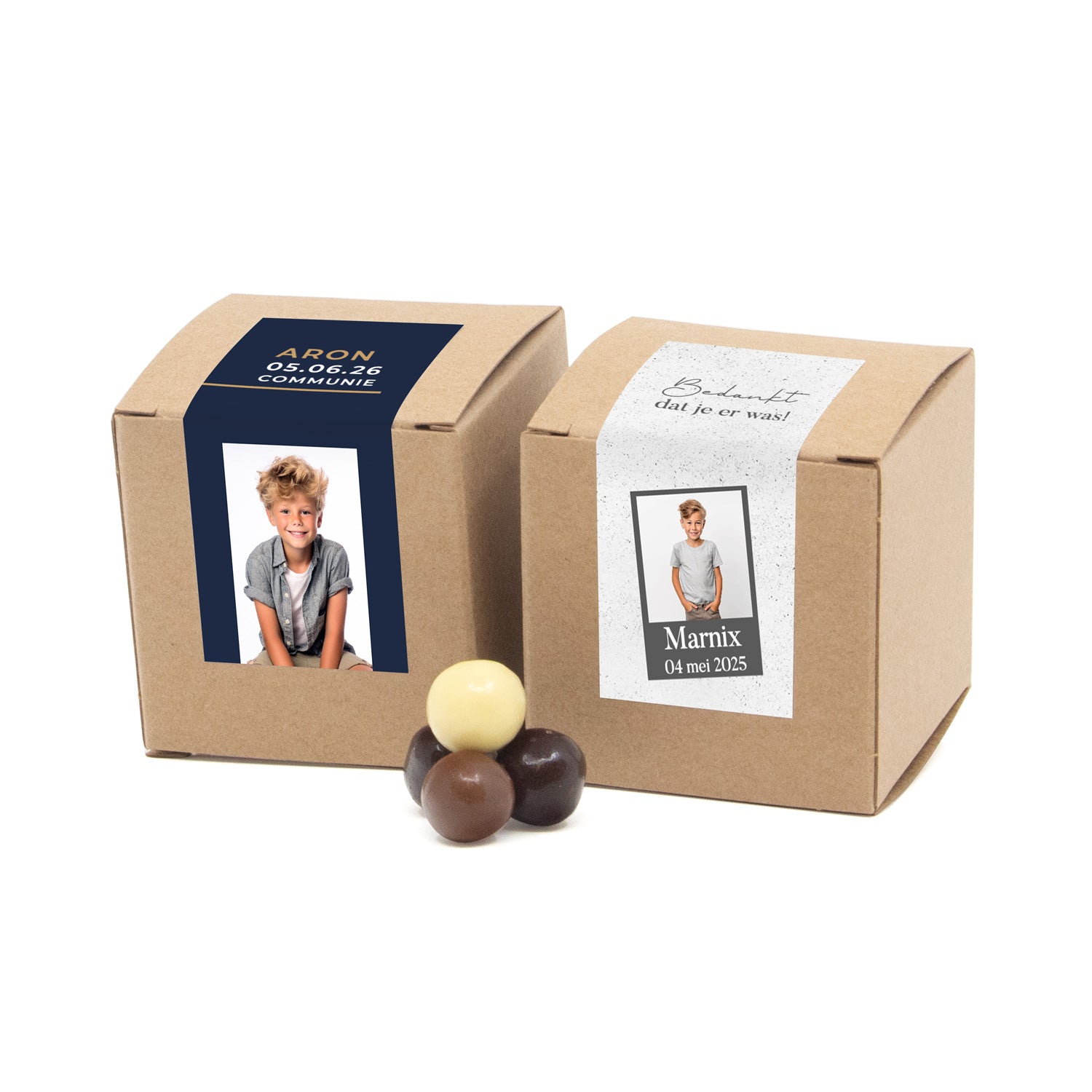 Kubusdoosje bio kraft met eigen etiket - Communie jongen - Bedankjes.nl