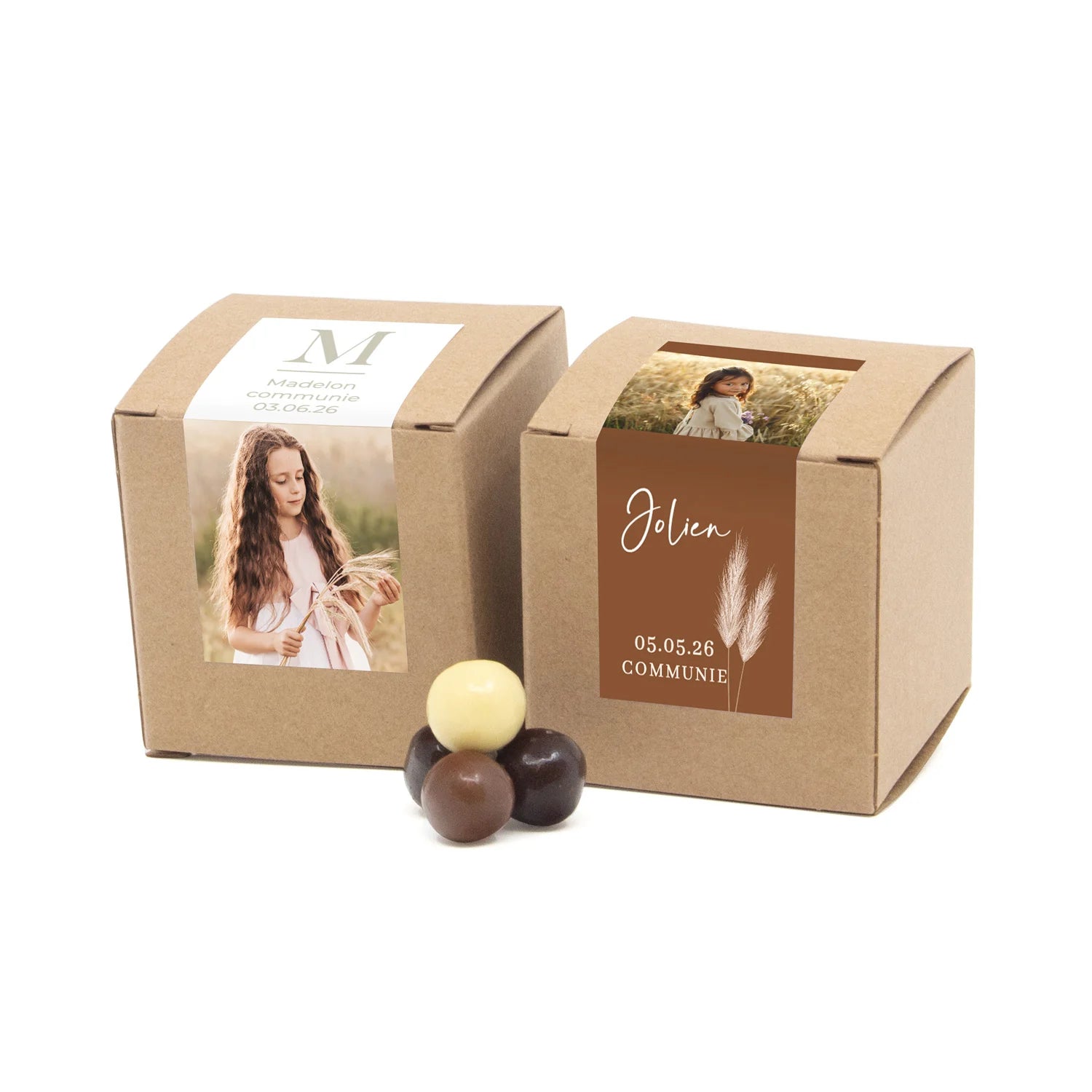 Kubusdoosje bio kraft met eigen etiket - Communie meisje - Bedankjes.nl