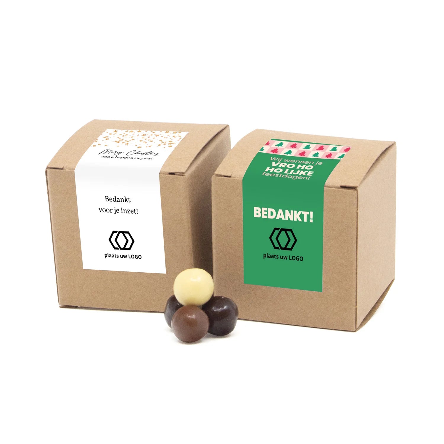 Kubusdoosje bio kraft met eigen etiket - Kerst - Bedankjes.nl