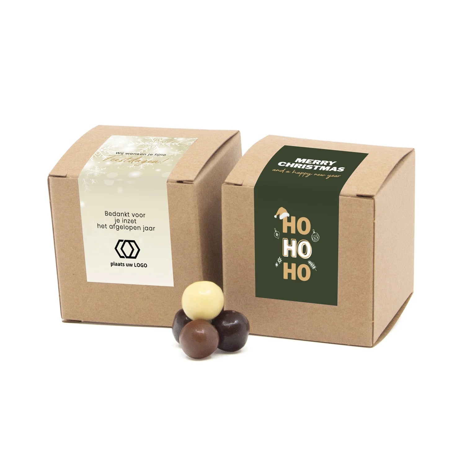 Kubusdoosje bio kraft met eigen etiket - Kerst - Bedankjes.nl