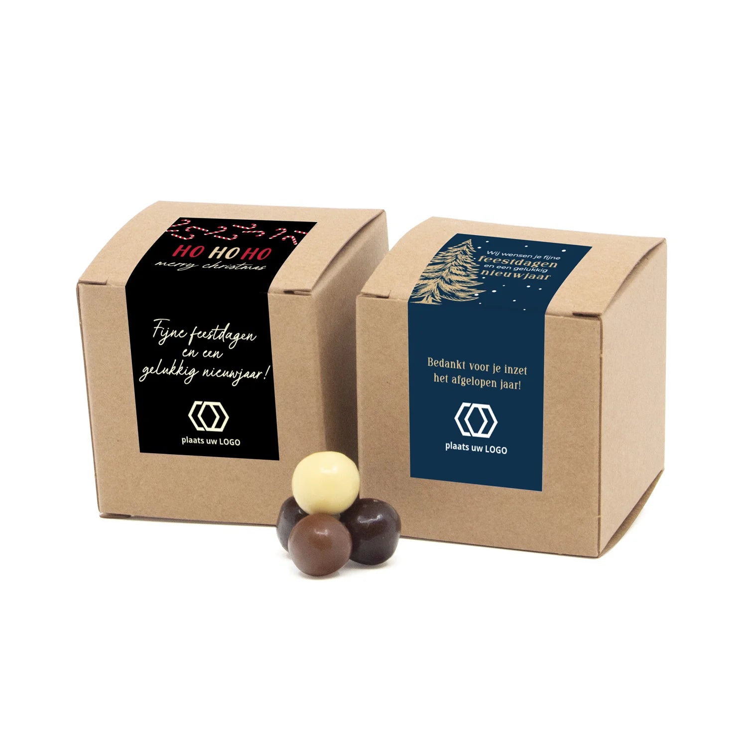 Kubusdoosje bio kraft met eigen etiket - Kerst - Bedankjes.nl